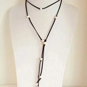 Leather Suede,Long Pearl Necklace, Leather Pearl Bracelet,Wrap Around Bracelet